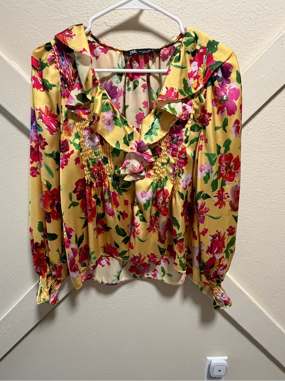 Zara Yellow Floral Ruffle Front Button Down  Blouse